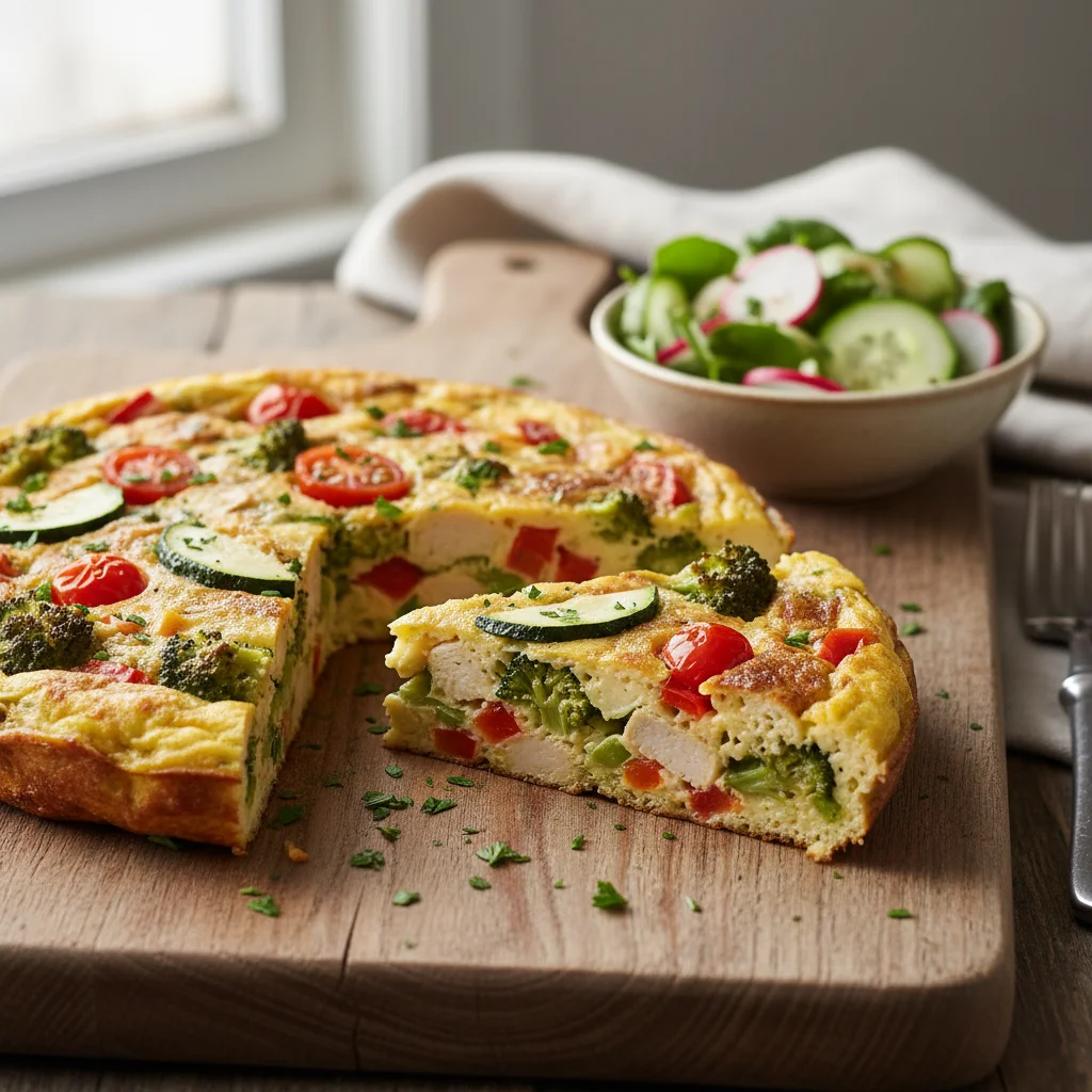 Hearty chicken and vegetable frittata made from dinner leftovers, a perfect meal to prevent food waste.
