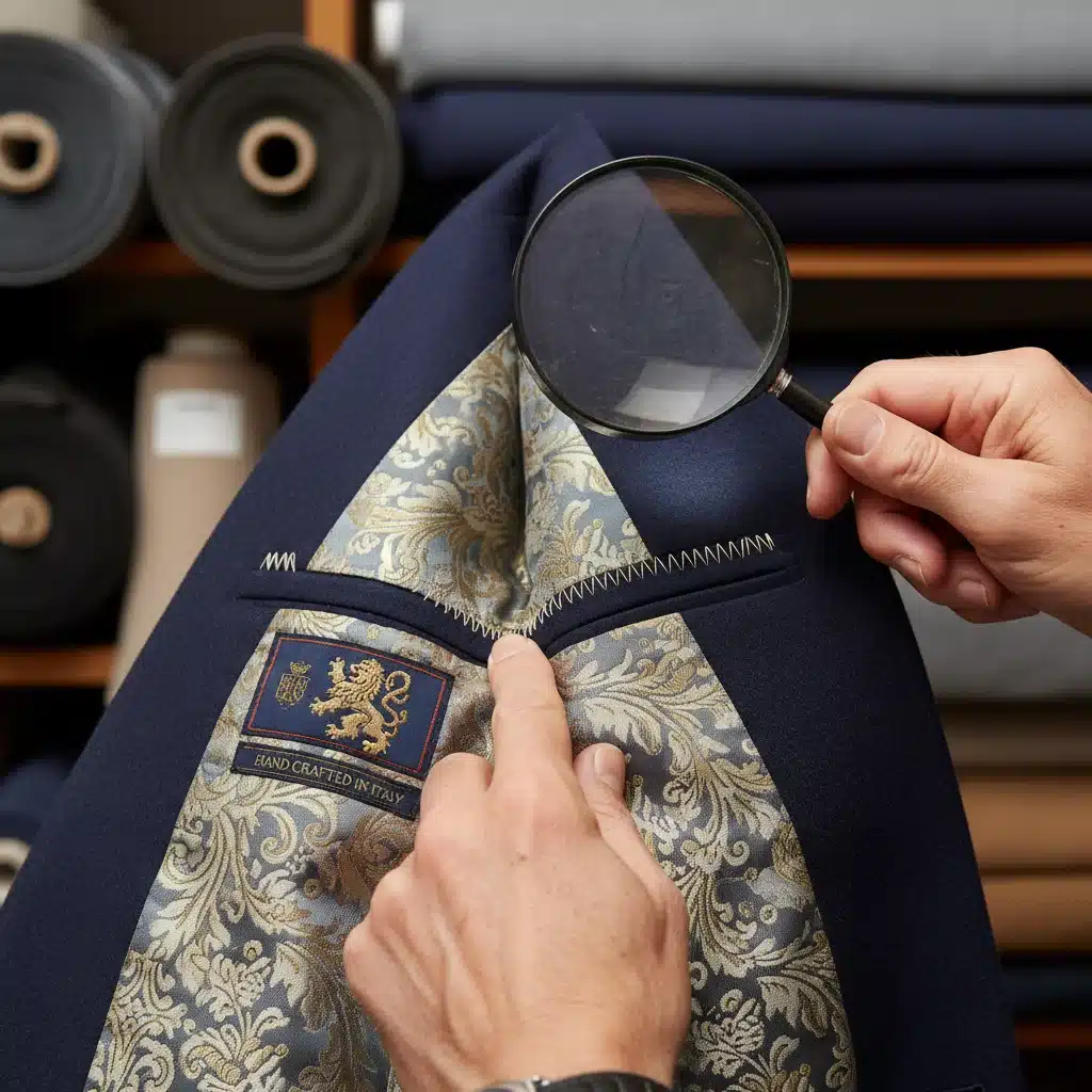 Expert examining interior stitching and lining of luxury jacket