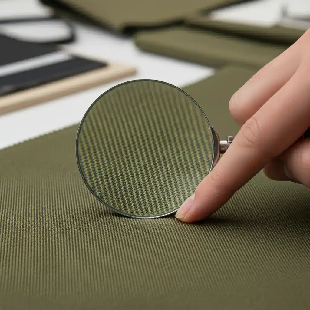 Hand with magnifying glass examining fabric for quality