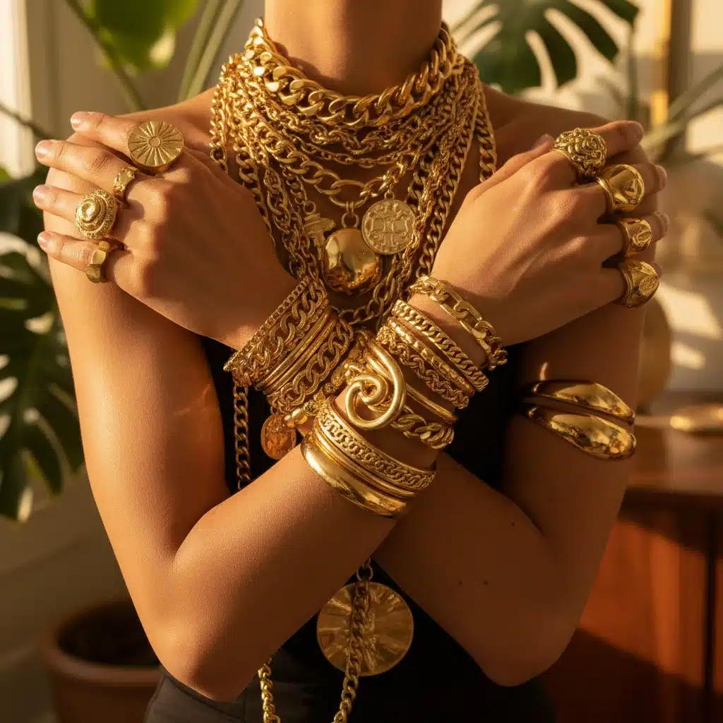 Layered chunky gold necklaces and oversized rings, showcasing maximalist metallic jewelry trend