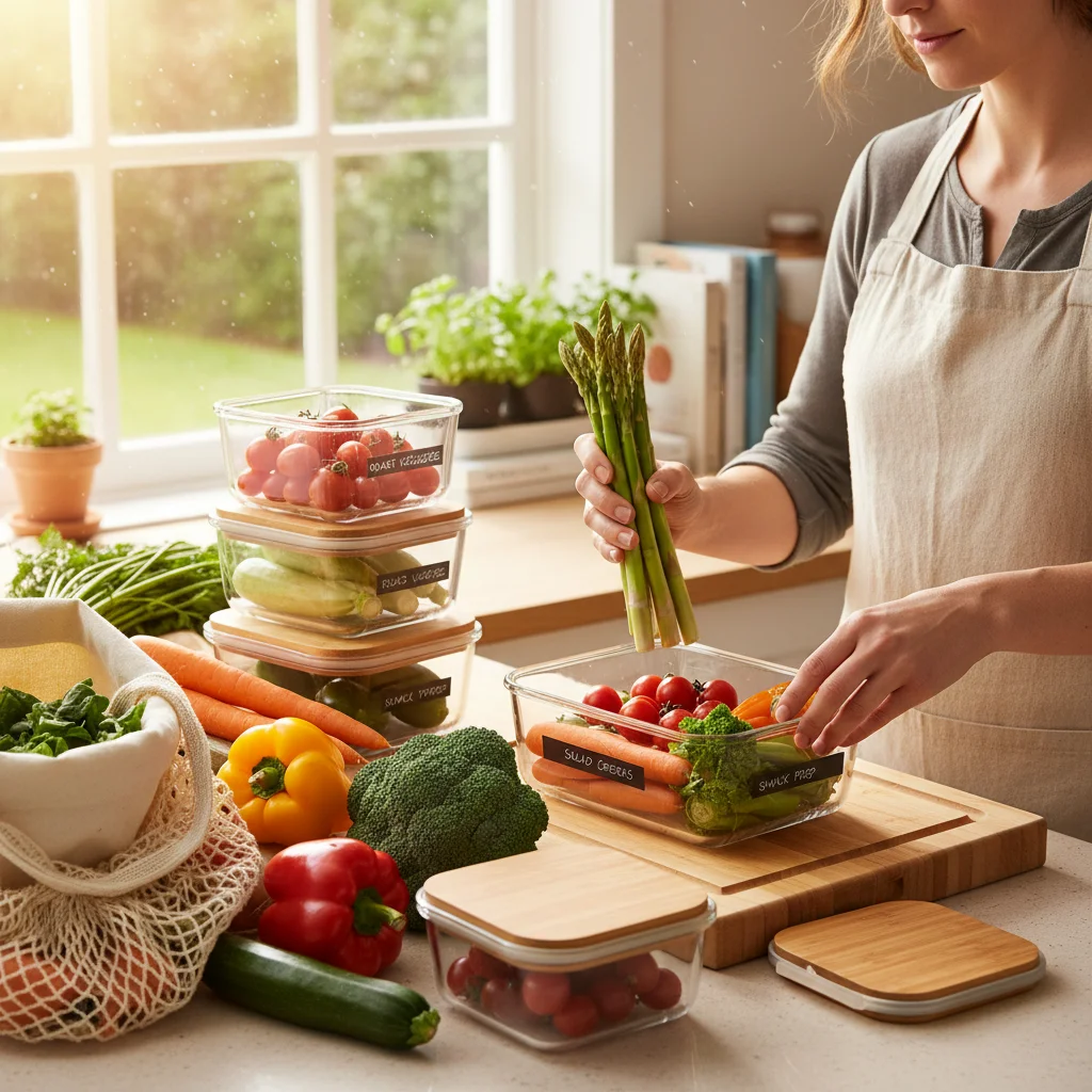 Person organizing seasonal vegetables in reusable containers, emphasizing meal planning and waste reduction.