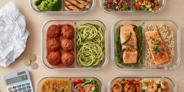 Overhead view of prepared meal prep containers for weeknight dinners, symbolizing grocery savings.