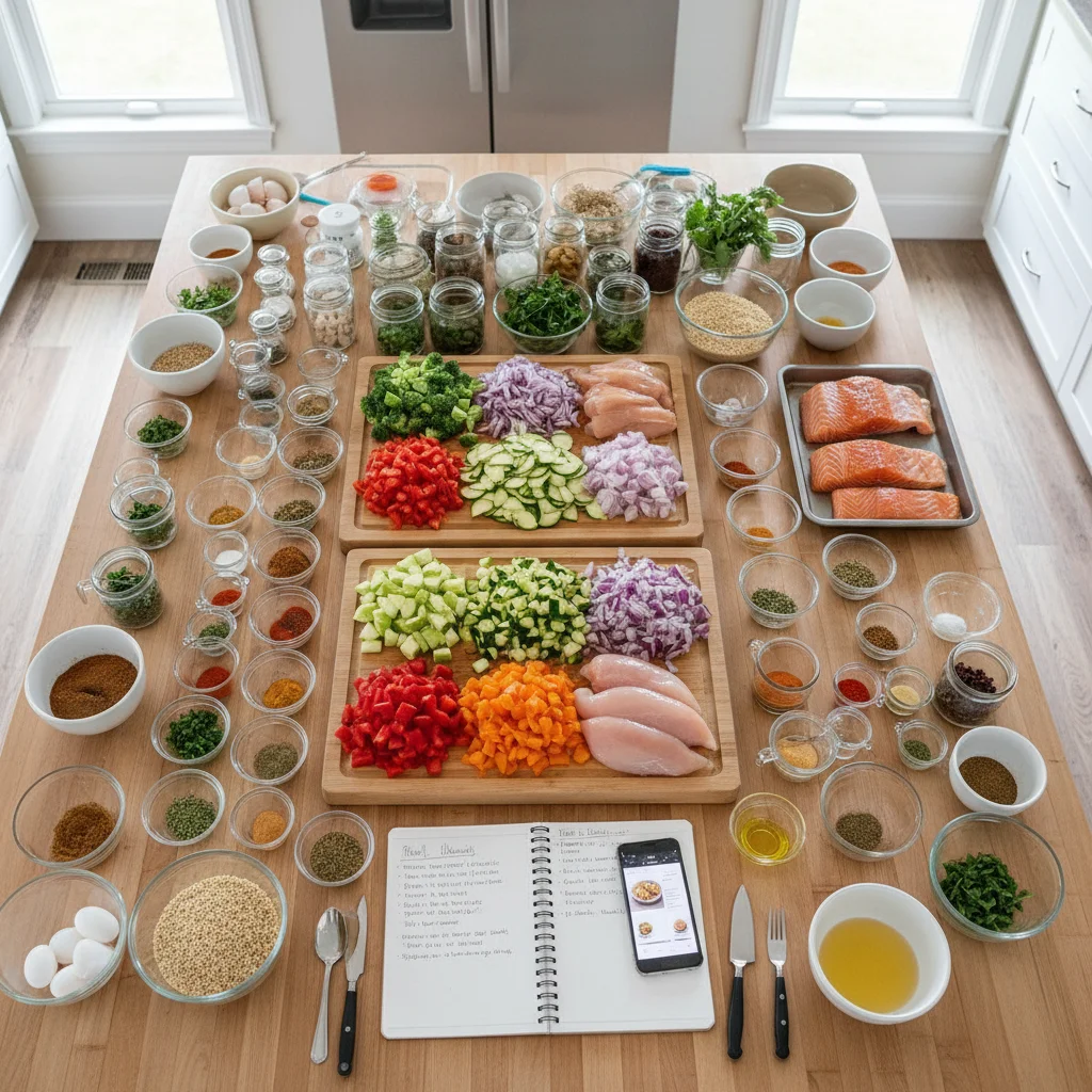 Meal prep ingredients laid out on kitchen island