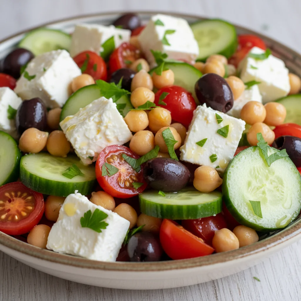 Close-up of a vibrant Mediterranean chickpea and feta salad with fresh herbs.