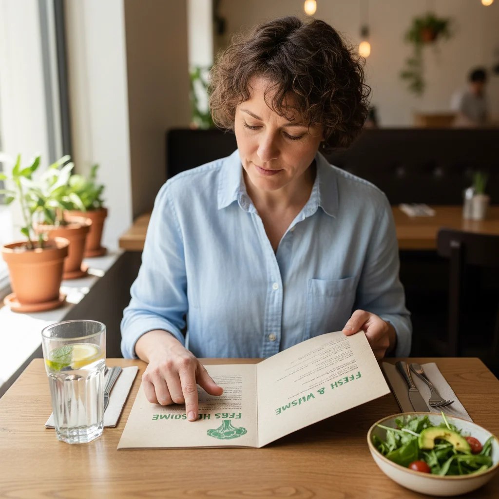 Person analyzing a restaurant menu for healthy options