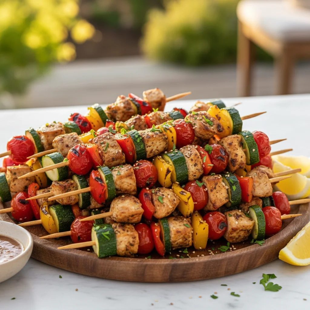 Assortment of mini chicken and vegetable skewers on a platter for easy picnic serving