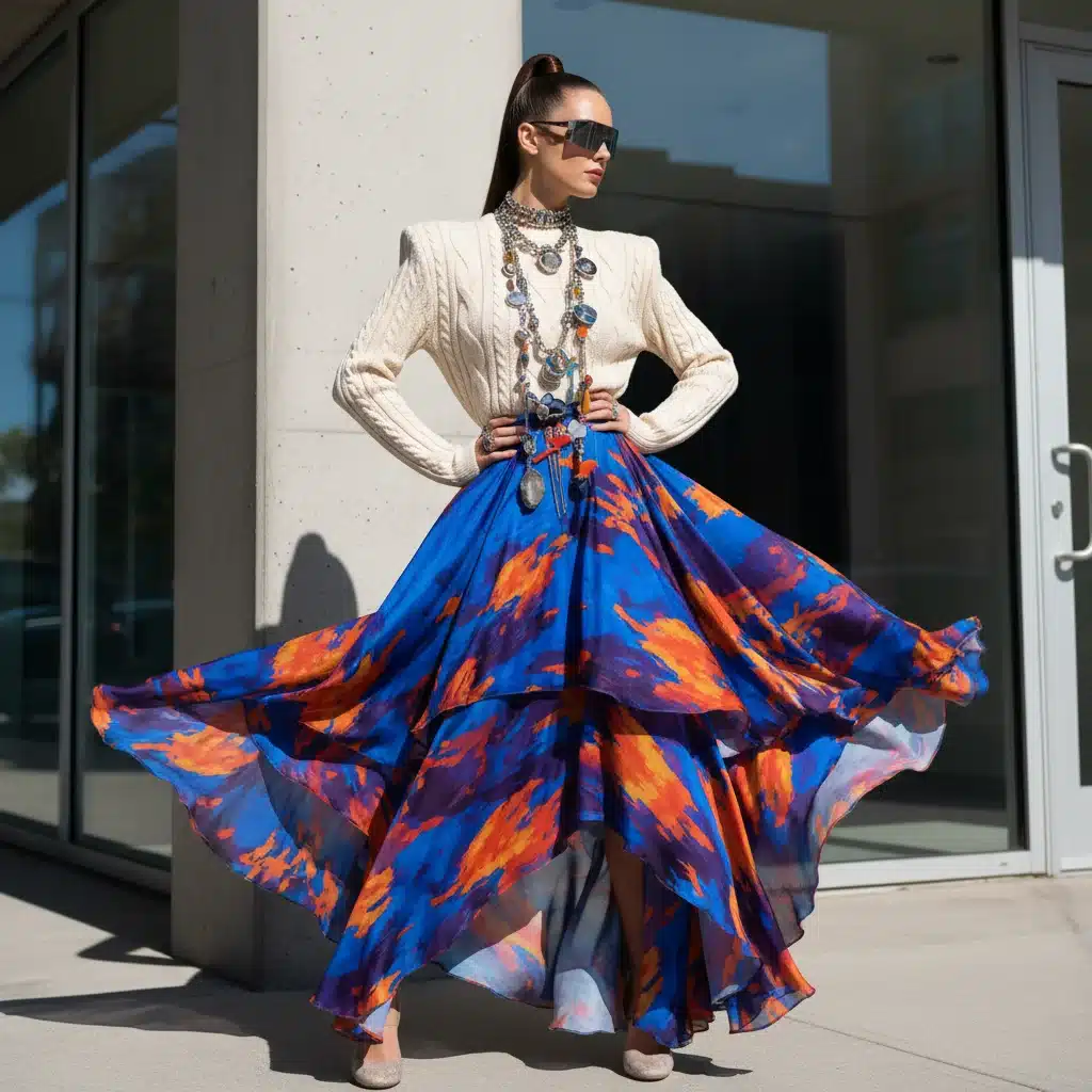 Vibrant mixed-media outfit with asymmetrical silk skirt and statement jewelry
