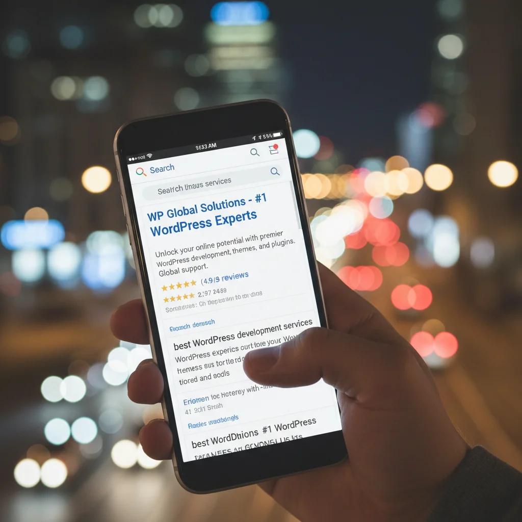 Smartphone displaying top search engine results for a WordPress site