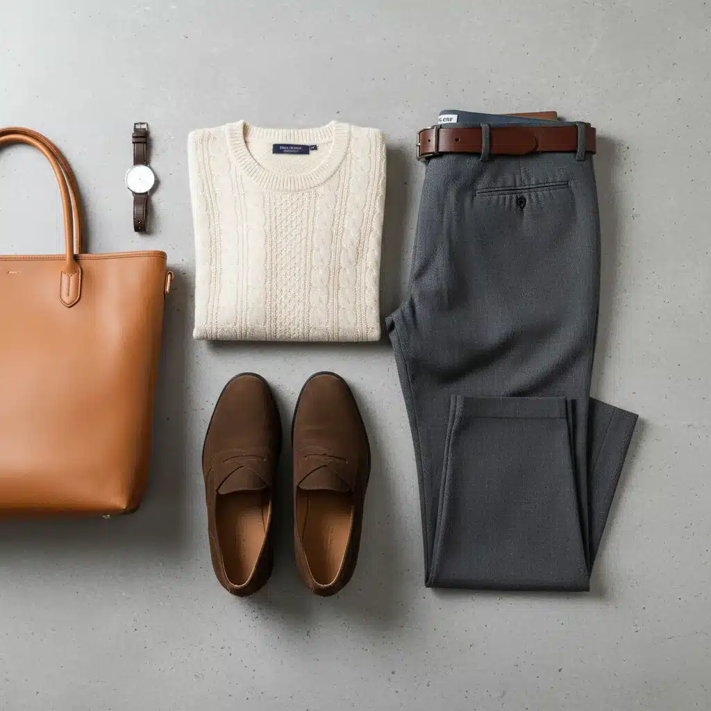 Modern business casual outfit flat lay components