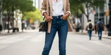 The 2026 Denim Guide: How to Style 5 Different Jean Cuts for Modern Outfits Woman in straight-leg jeans and blazer, showcasing modern denim style