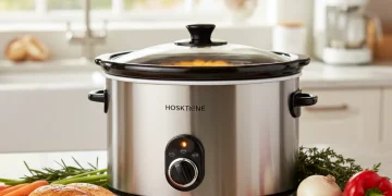 Modern slow cooker with fresh ingredients for a delicious meal