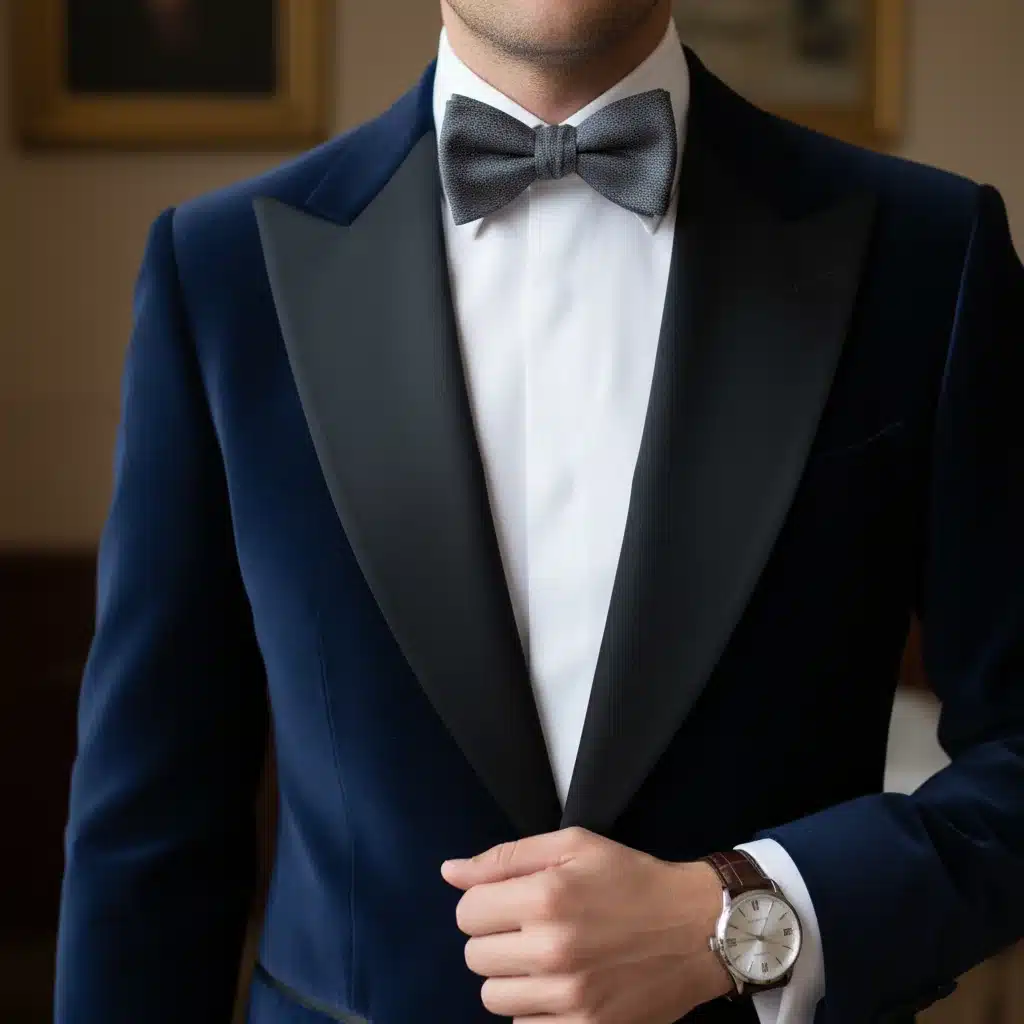 Detail of a luxurious navy velvet tuxedo jacket with satin lapels