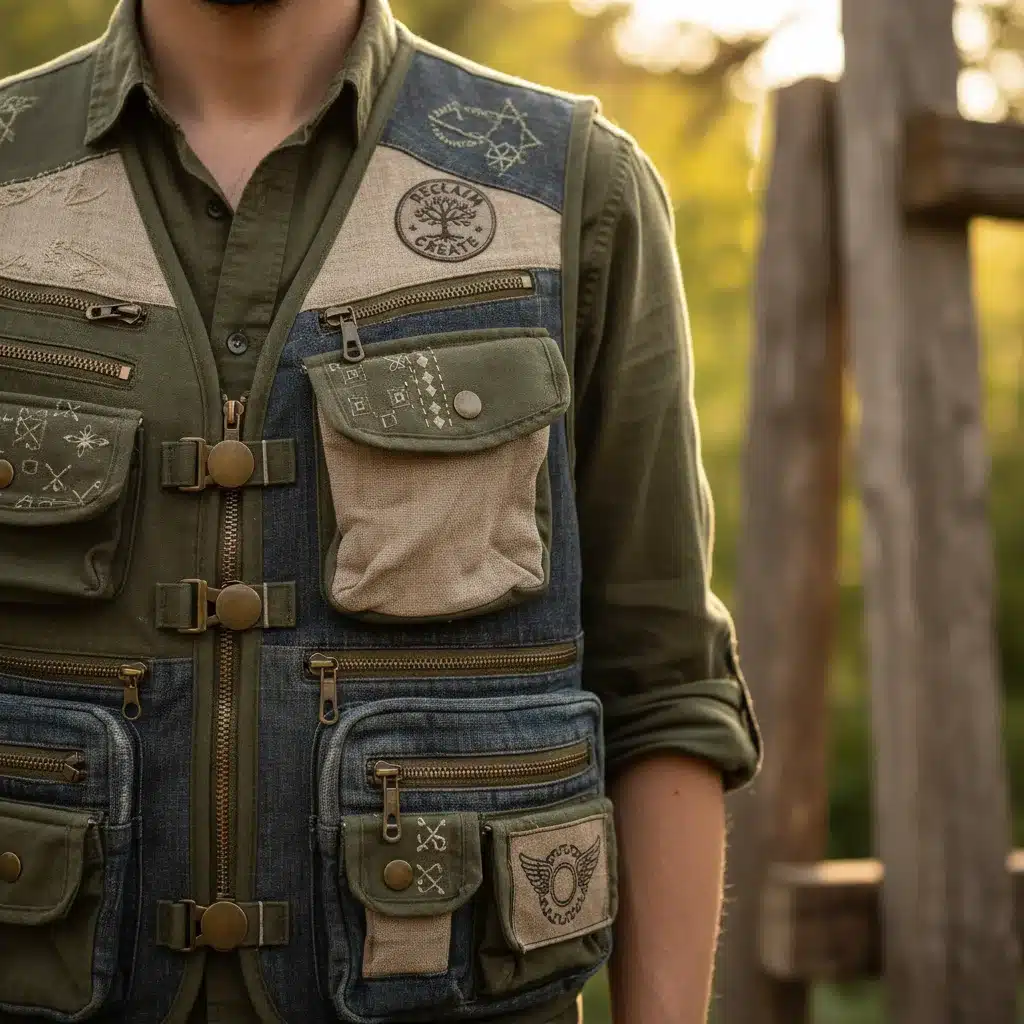 Close-up of a sustainable, neo-vintage utility vest with multiple pockets and intricate detailing.