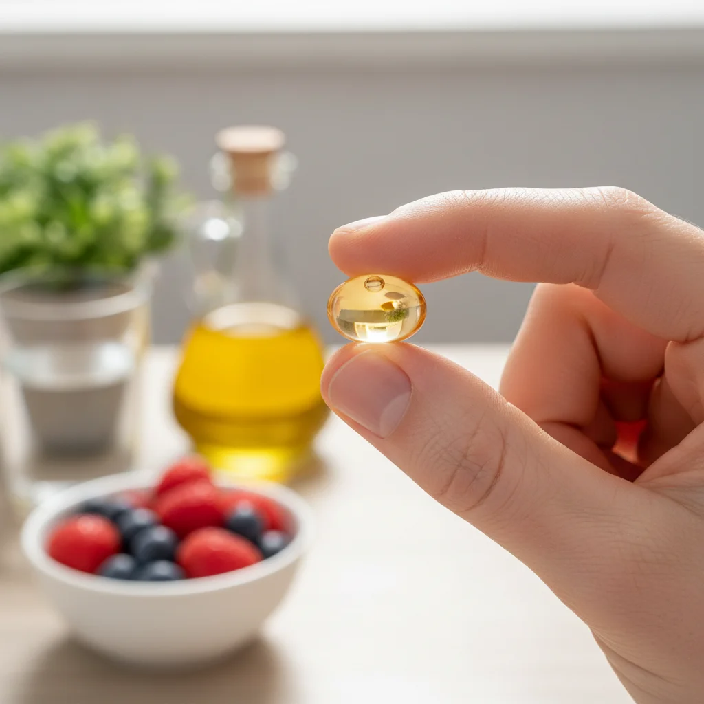 Hand holding an omega-3 fish oil capsule, emphasizing daily supplementation.
