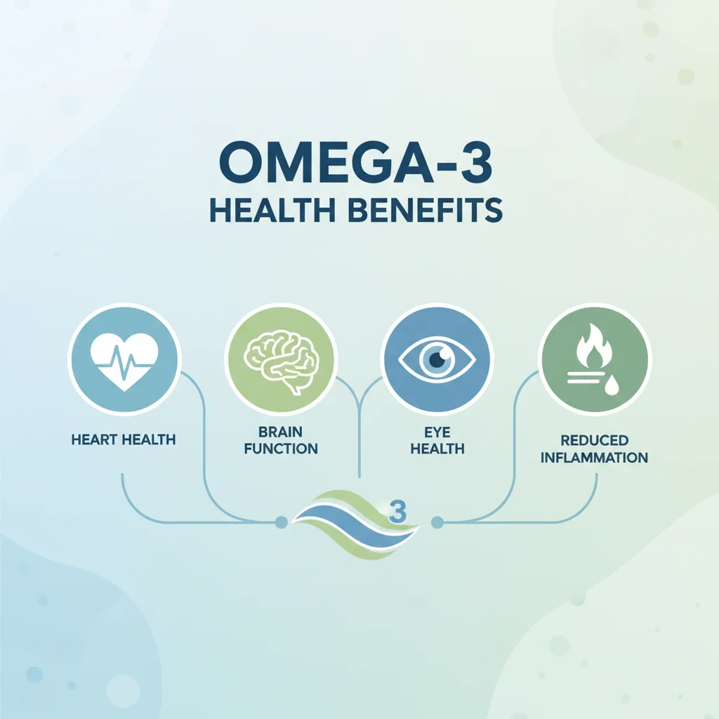 Infographic showing diverse health benefits of omega-3 fatty acids for the body.