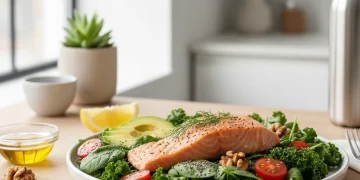 Plate with salmon, walnuts, and chia seeds, rich in omega-3s for a healthy 2026 diet.