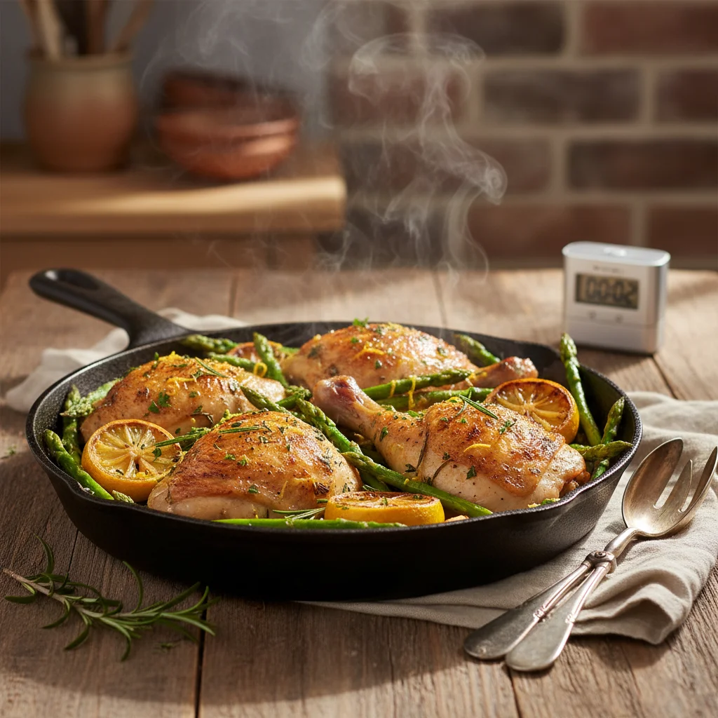 Delicious and healthy one-pan lemon herb chicken and asparagus meal, freshly cooked.