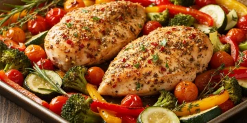 Delicious one-pan chicken and roasted vegetables dinner on a sheet pan.