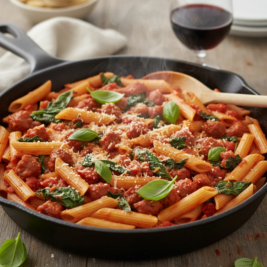 Comforting one-pan pasta with sausage and spinach.