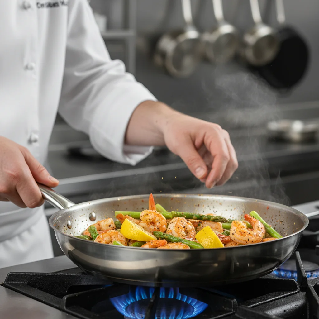 Chef tossing shrimp and asparagus in a one-pan skillet.