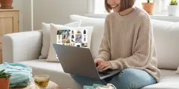 Woman smiling while shopping for fashion online, saving money