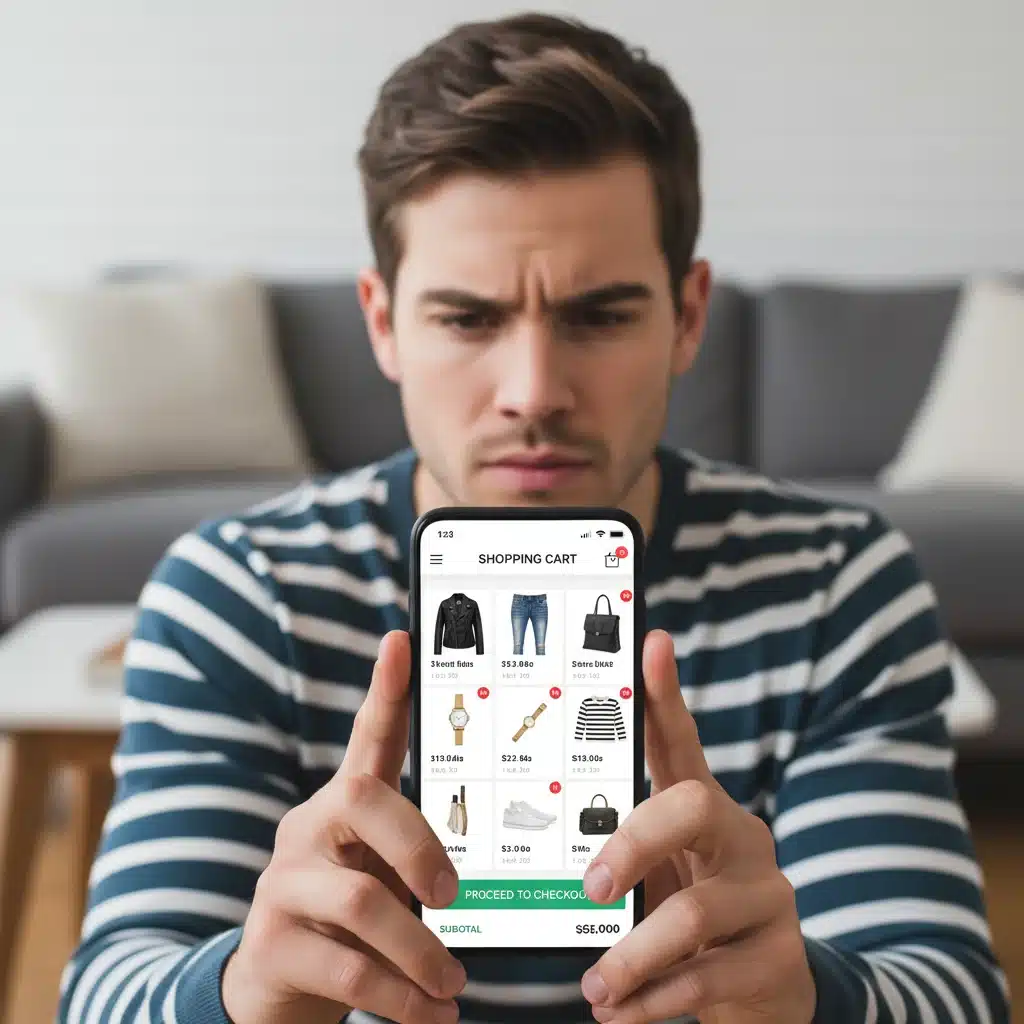 Person pausing before online fashion purchase, practicing delayed gratification