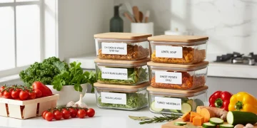 Organized freezer meal containers on a kitchen counter with fresh ingredients, ready for easy weeknight dinners.