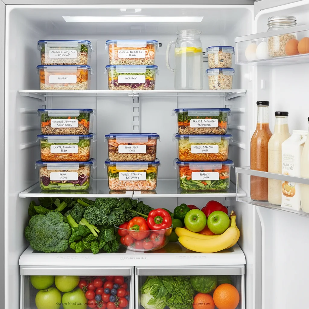 Organized refrigerator with labeled batch-cooked meals and fresh produce.