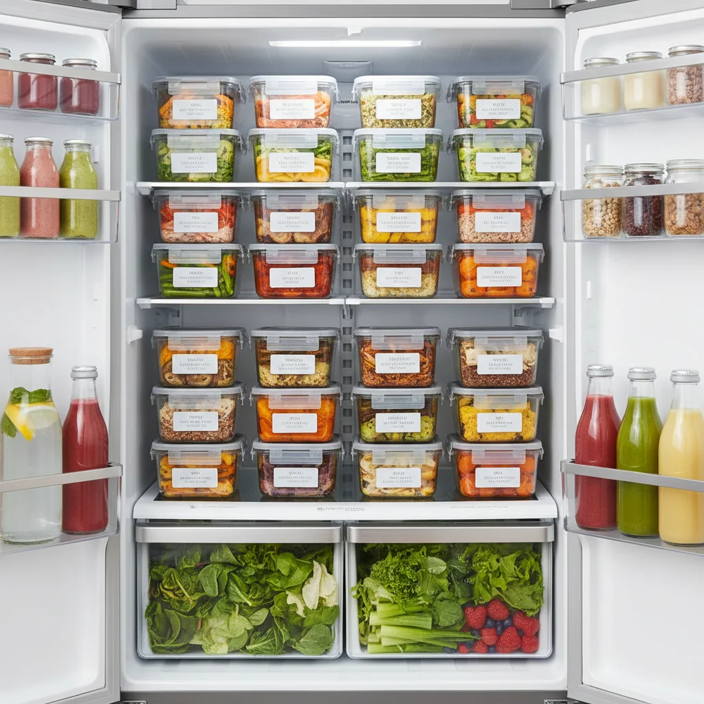 Organized refrigerator with prepped healthy meals.