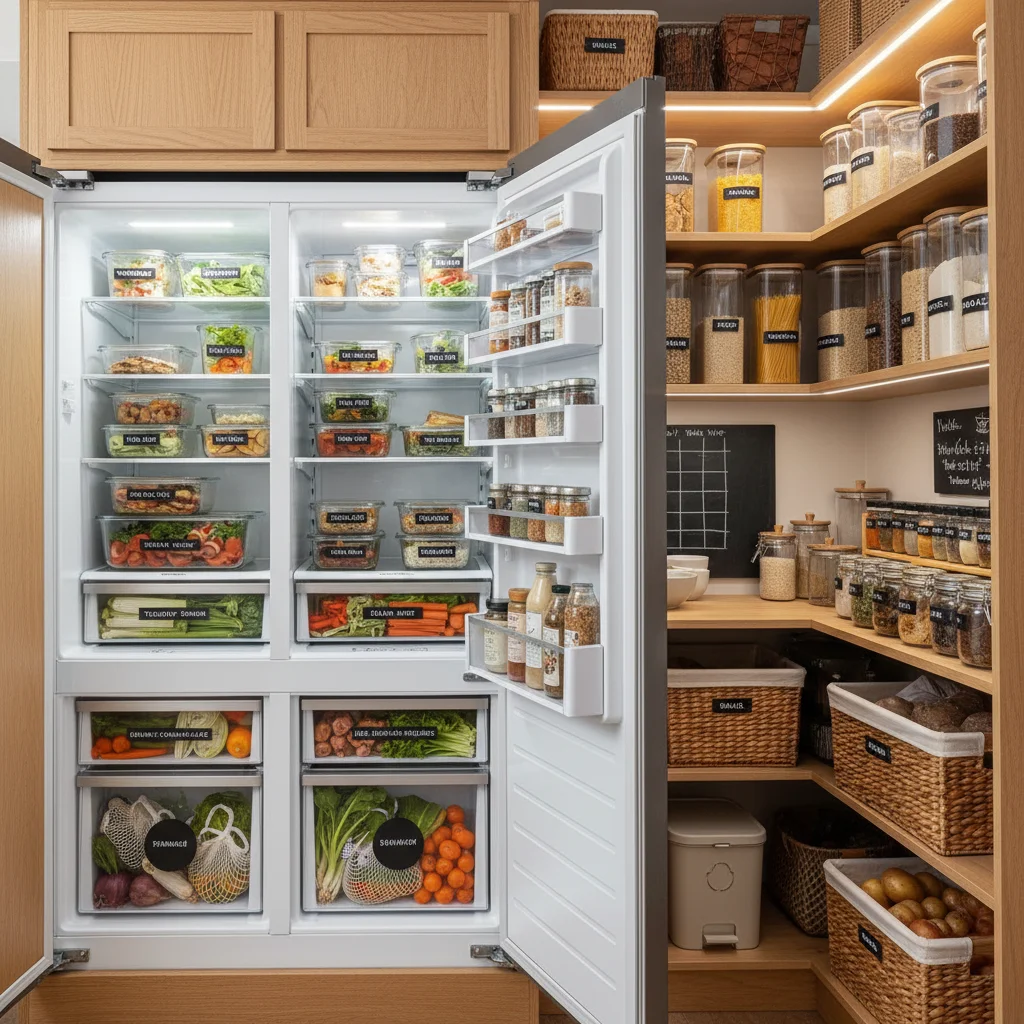 Organized refrigerator and pantry with meal prep containers, reducing food waste.