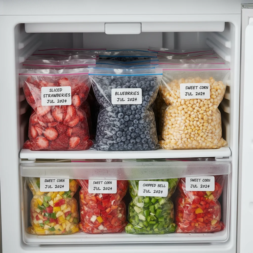 Organized freezer filled with clearly labeled bags of frozen fruits and vegetables.