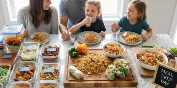 Organized kitchen counter with meal prep containers and fresh ingredients, symbolizing reduced food waste.