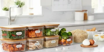 Organized kitchen counter with colorful meal prep containers for healthy dinners.