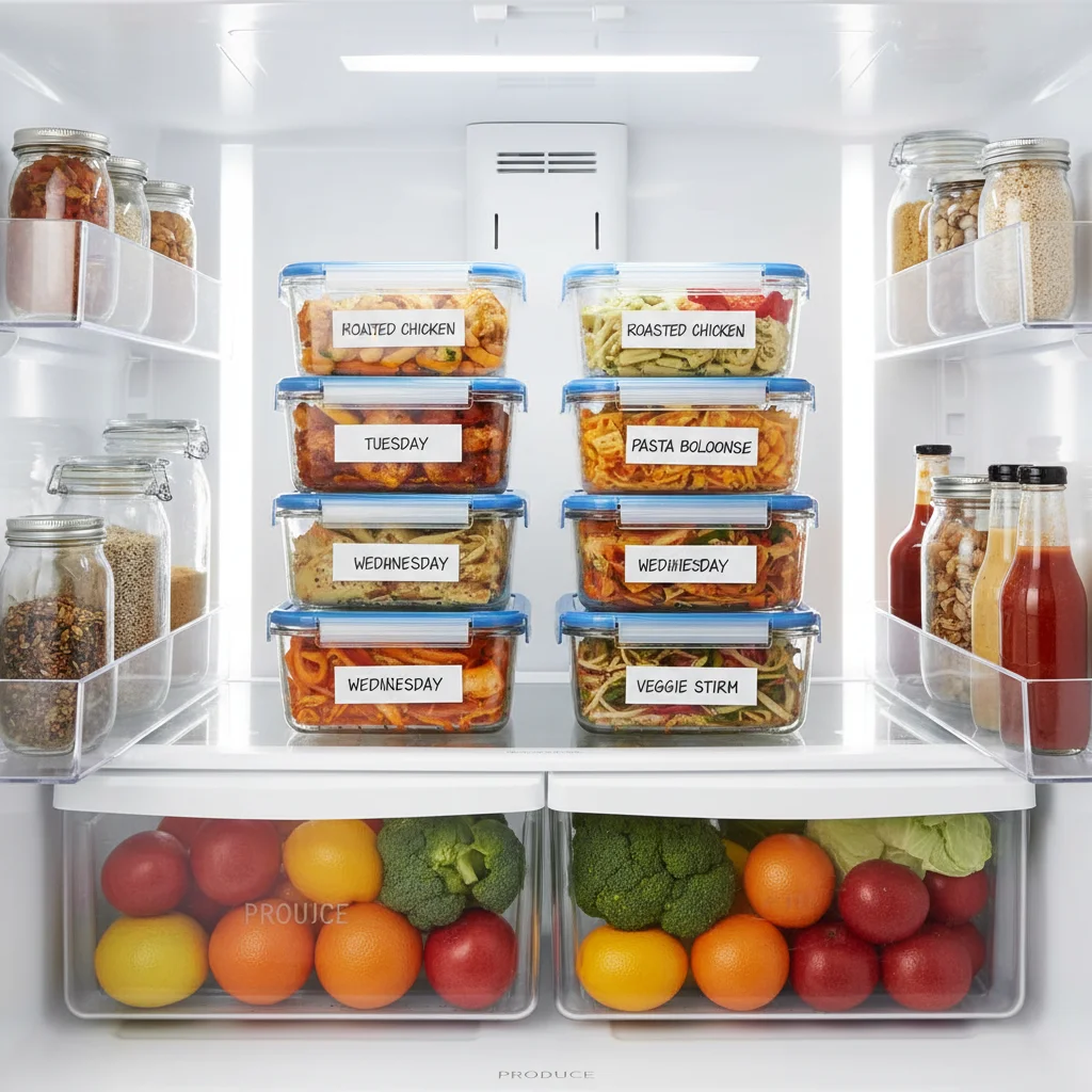 Organized refrigerator with labeled meal prep containers for easy access.