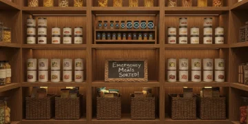 Organized pantry shelves with emergency weeknight meal staples