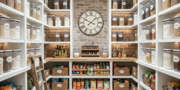 Organized kitchen pantry with labeled containers and food items