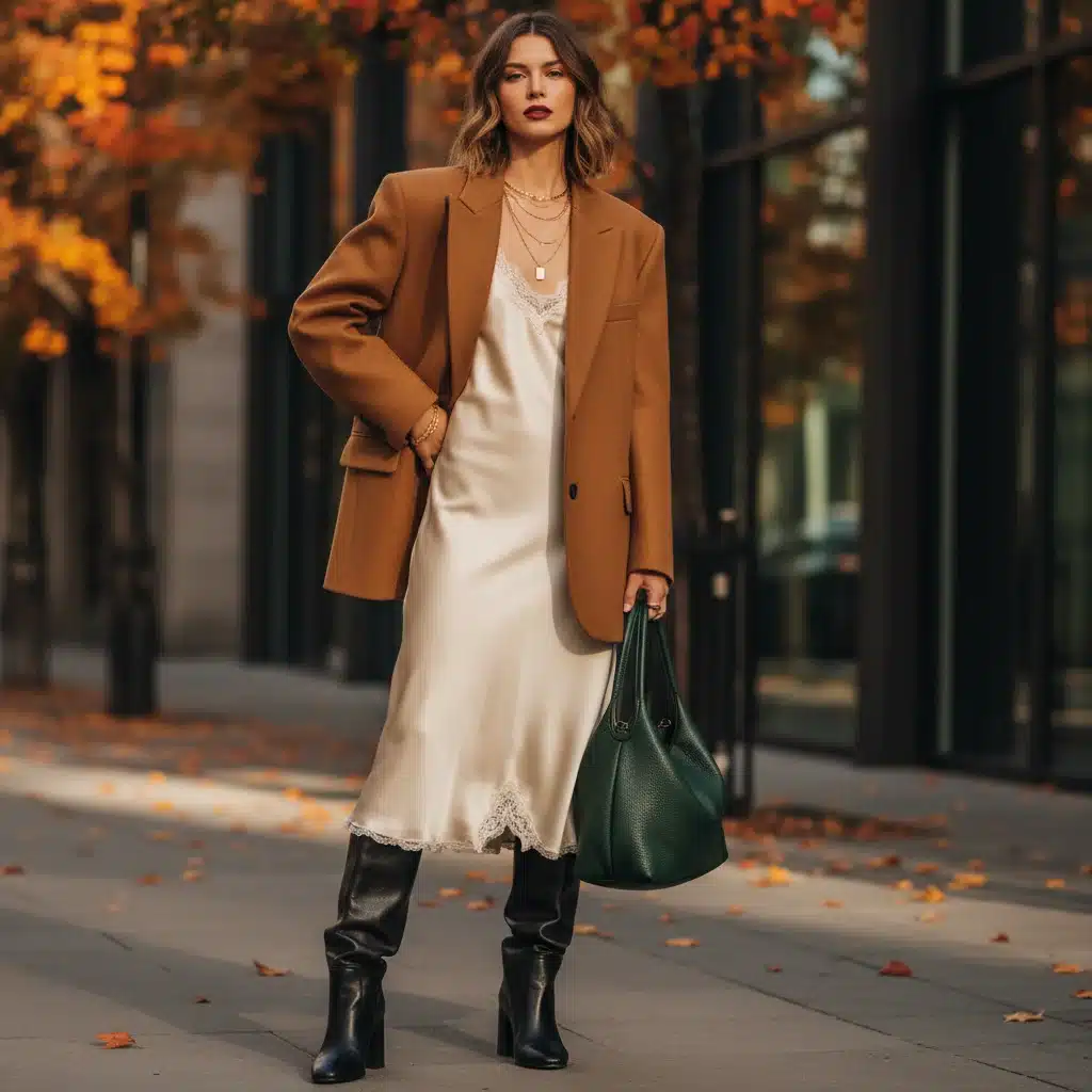 Model wearing an oversized blazer, slip dress, and knee-high boots for fall 2026