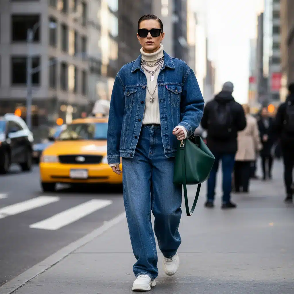 Stylish person in oversized denim jacket and wide-leg jeans on a city street.