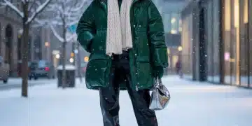 Woman in oversized emerald puffer coat, snowy urban background, winter 2026 fashion