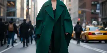 2026 Outerwear Trends: Discover Key Statement Silhouettes Woman in oversized sculptural emerald green coat on city street, embodying 2026 outerwear trends.