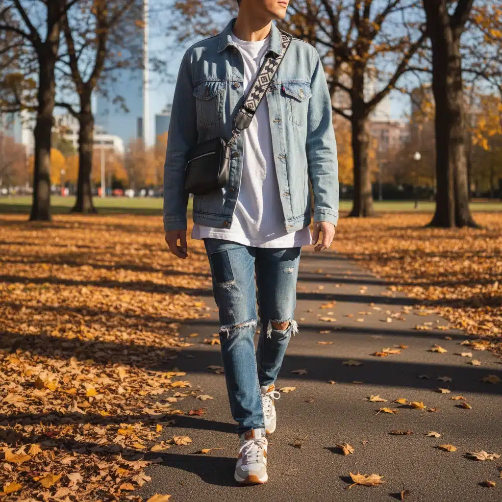 Casual oversized white t-shirt with denim jacket, distressed jeans, and sneakers for a relaxed look.