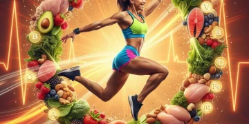 Energetic person with healthy food background symbolizing peak performance and vital nutrients.