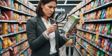 Person examining food label closely in a brightly lit supermarket aisle.