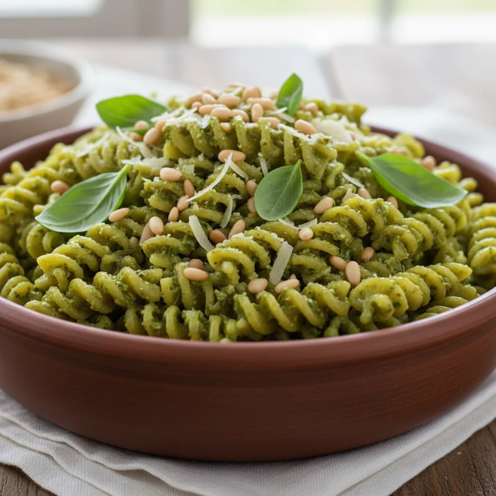 Delicious pasta dish with fresh green pesto