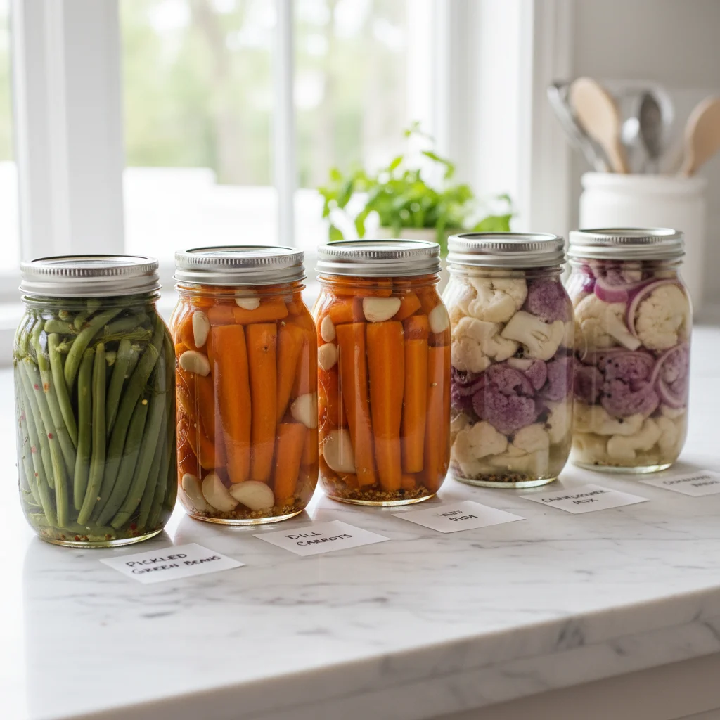 Assortment of pickled late season vegetables in glass jars