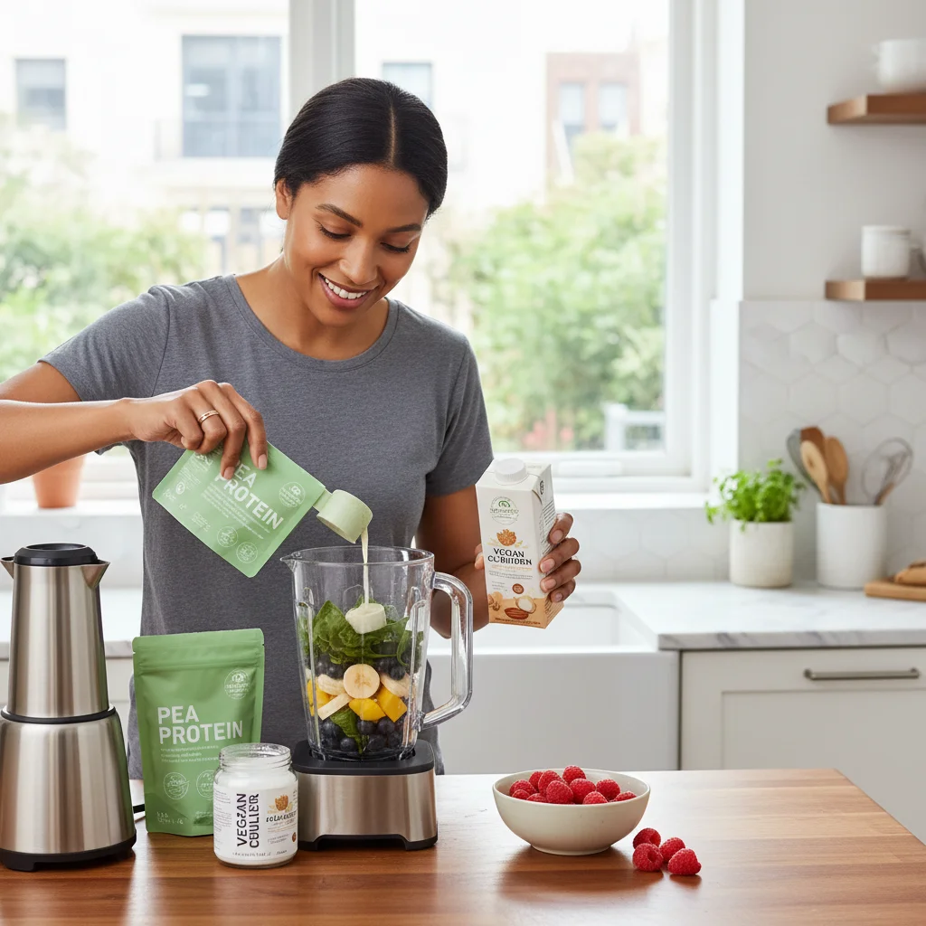 Person blending a plant-based protein smoothie in a modern kitchen