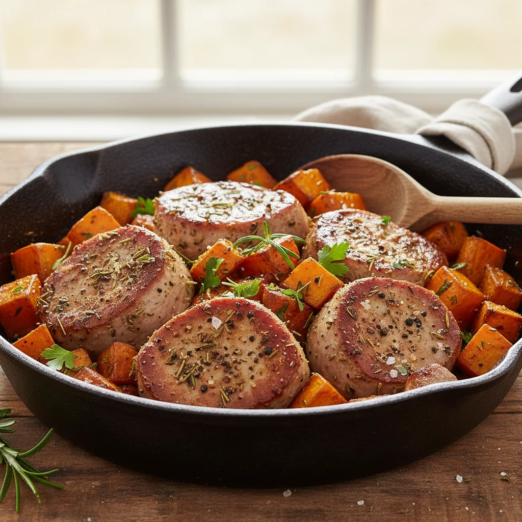 Juicy roasted pork tenderloin with caramelized sweet potatoes in a cast-iron skillet.