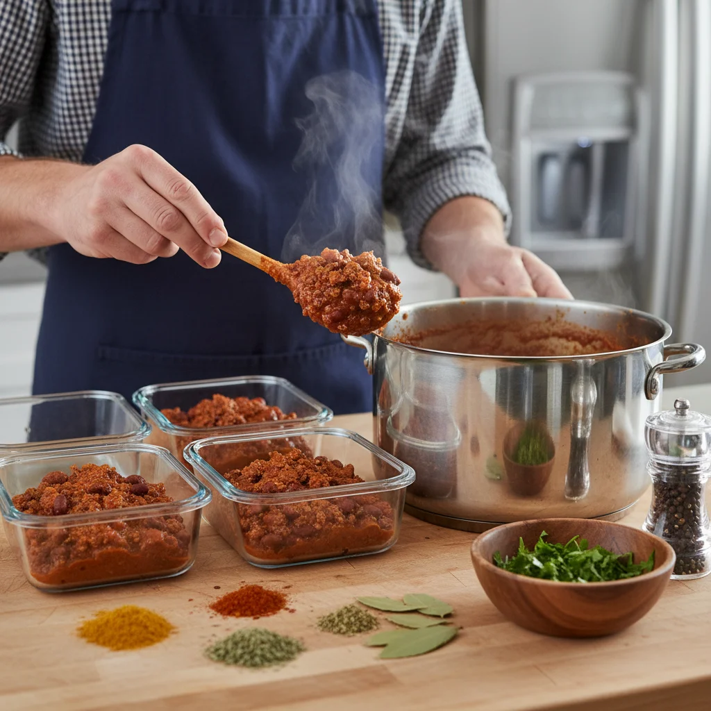 Person portioning hearty chili into meal prep containers