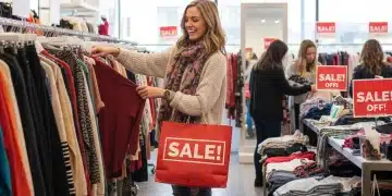 Woman shopping during post-holiday sales, excited by fashion bargains