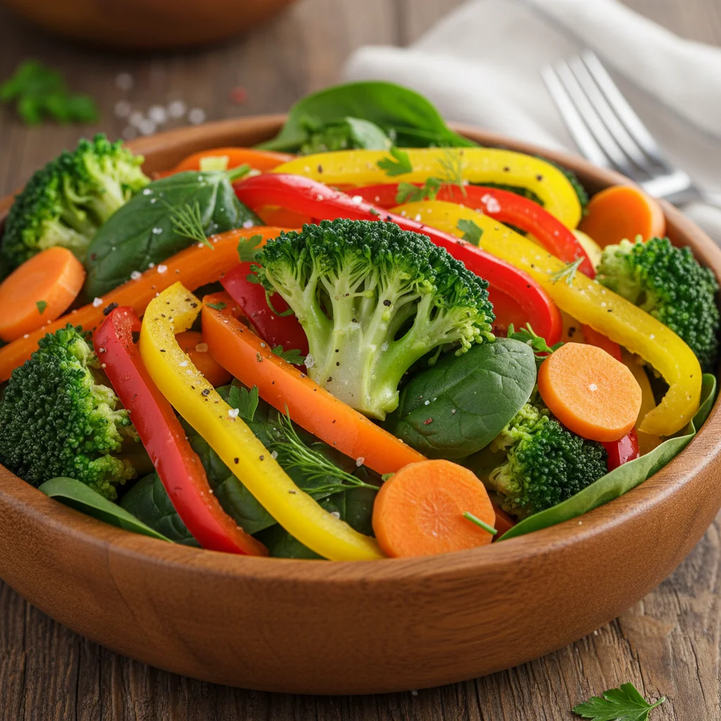 Colorful bowl of steamed mixed vegetables rich in prebiotic fiber
